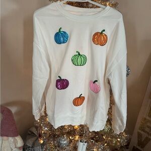White Sweatshirt with Colorful Pumpkin Patches